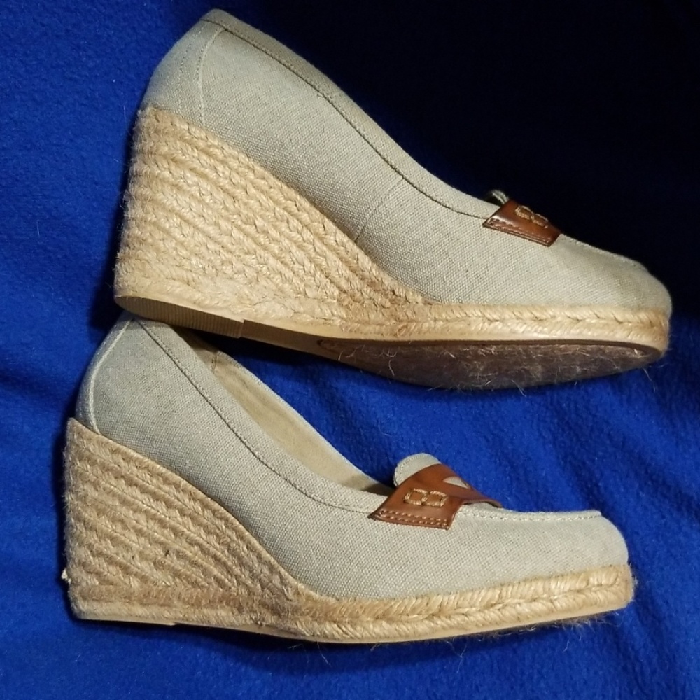 Bass Wedge Shoes Canvas Gray Tan Brown Loafer 8.5M